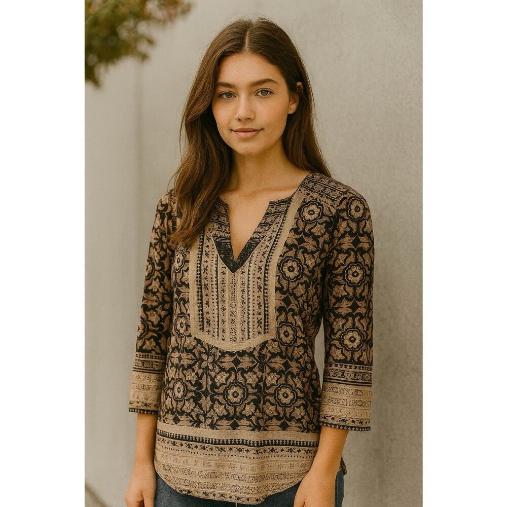 Lucky Brand Black and Tan Floral Print Tunic Top